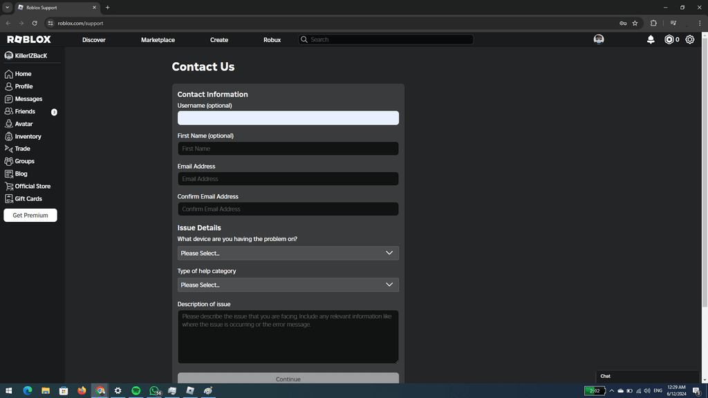 Roblox support page